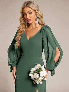 Vestido de dama de honor de gasa verde oliva con manga larga dividida y abertura en el muslo para bodas y eventos formales de otoño e invierno - Verde Oliva - Ver 3