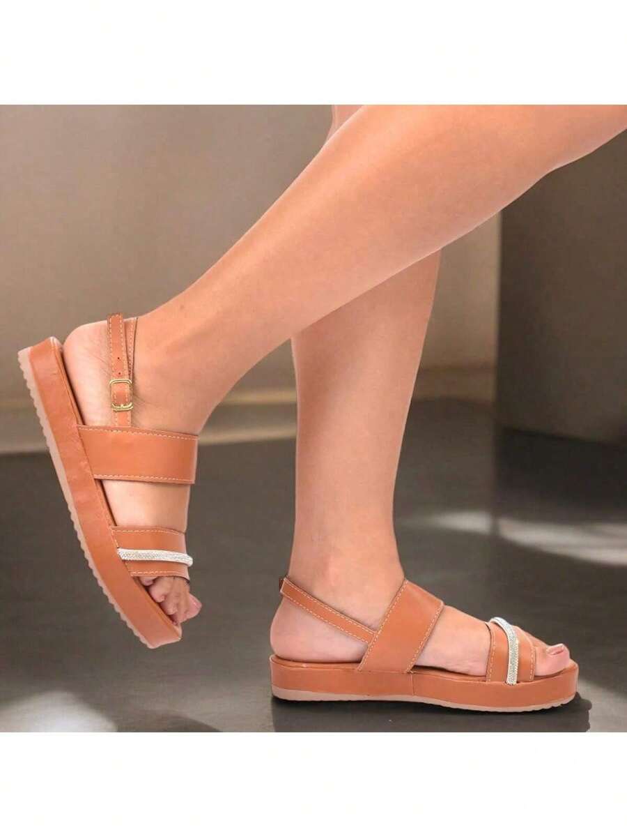 Women's Sandal Papete Chain Rhinestone Shine Comfort Soft Back Buckle - 駝色 - 查看 1
