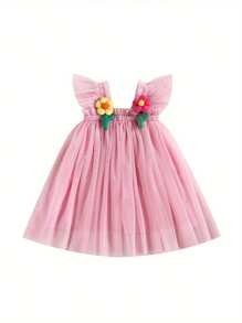 Vestido de niña pequeña con decoración de flores, manga de vuelo, vestido de princesa informal de capa de tul para verano - Rosa - Ver 1
