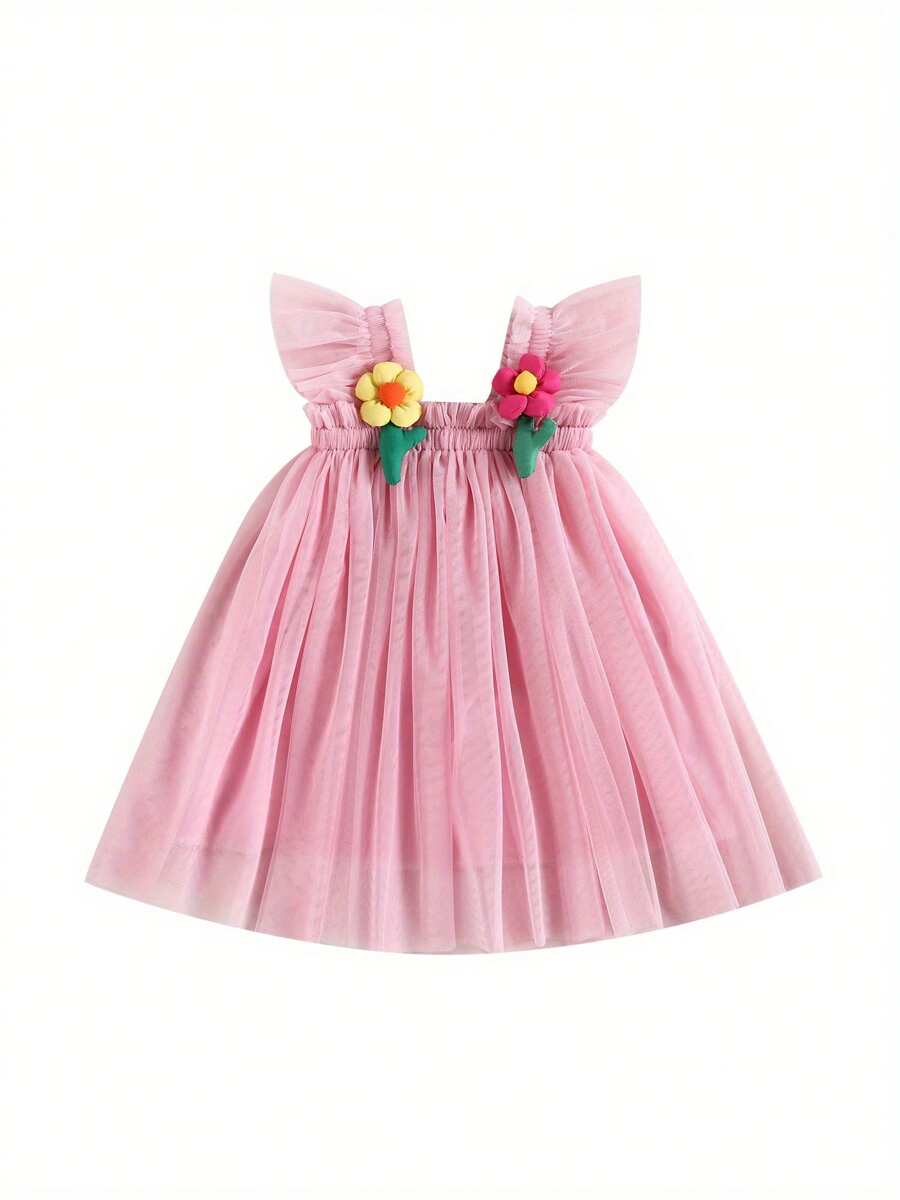 Vestido de niña pequeña con decoración de flores, manga de vuelo, vestido de princesa informal de capa de tul para verano - Rosa - Ver 1