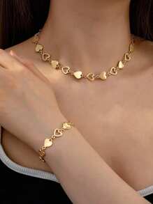 2 Pieces Necklace And Bracelet Set With Elegant And Stylish Heart-Shaped Cutout Design - An Ideal Gift Choice For Girls, Daily Life Accessories