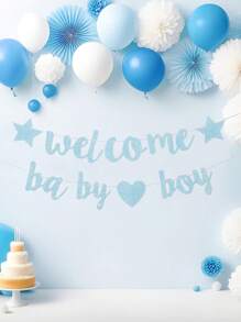 1 套蓝色闪光“欢迎宝贝”横幅，蓝色闪光纸拉旗用于性别启示派对墙背景横幅，生日宝贝淋浴背景横幅，派对家居挂饰房间装饰背景装饰，派对礼物
