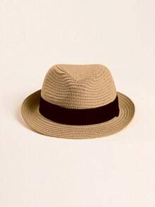 1pc Kids/Baby Plain Straw Hat, Sunhat, Casual Everyday Wear, Spring/Summer/Autumn - Khaki - View 5