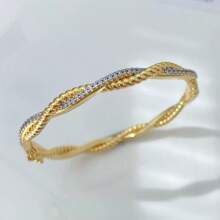 European Style 18K Gold Plated Copper CZ Inlaid Wave Cross Bangle Bracelet, Casual & Commuting, Light Luxury