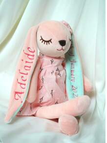 Customizable Rabbit Plush Doll With Embroidered Name Or Text On Ears, Soft Bunny Stuffed Animal Wearing Dress, Decorative Rabbit Plushie For Anniversary Birthday Baby Shower - Pink - View 5