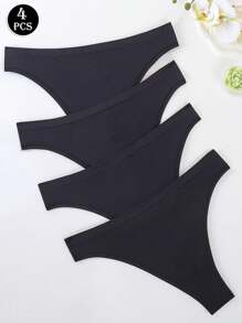 HANQIYA 4pcs Women's Plus Size Black Solid Color Thong Panties, Elegant & Simple, Moisture-Wicking & Breathable