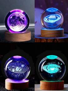 1pc 3D Crystal Ball Night Light 7 Color Light, Clear Crystal Ball With Wood Base, Night Light With Moon & Galaxy & Planet & Saturn Pattern,Solar System Space Themed Crystals, For Baby Room Night Light,Creativity Luxury Ornaments,Send Birthday Gifts To Boys And Girls Graduation