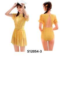 "Estilo de verano | Traje de baño de una pieza ajustado con cintura alta" Diseño moderno y ajustado | Protección solar UPF50+ | Adecuado para vacaciones en la playa/entrenamiento de natación en muchos escenarios - Amarillo - Ver 1
