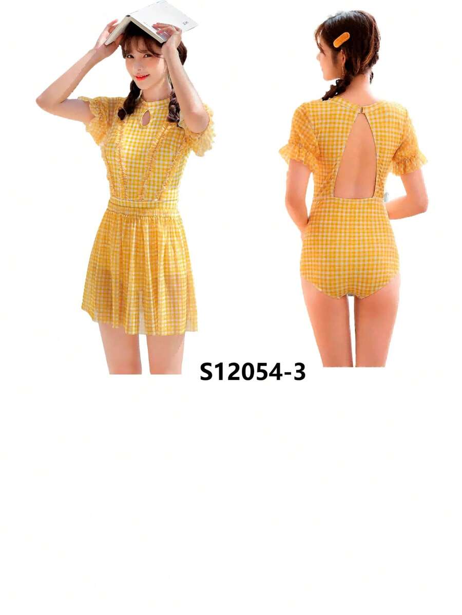 "Estilo de verano | Traje de baño de una pieza ajustado con cintura alta" Diseño moderno y ajustado | Protección solar UPF50+ | Adecuado para vacaciones en la playa/entrenamiento de natación en muchos escenarios - Amarillo - Ver 1