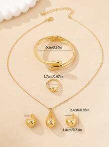 1 套时尚简约重金色金属几何水滴光滑饰面女士首饰套装，包括手链、戒指、项链、耳环、优雅简约耳环、项链、戒指和开口手镯、多用途日常女性配饰、春季设计 - 金黃色 - 查看 4