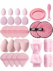 4/7/20/27件套化妆工具套装，包含：4个化妆海绵+4个迷你化妆海绵+4个三角粉扑+4个迷你气垫粉扑+1个发圈+2个手碗挂绳+1个化妆刷清洁工具+2个洁面海绵+4个气垫粉扑+1个洗鼻刷