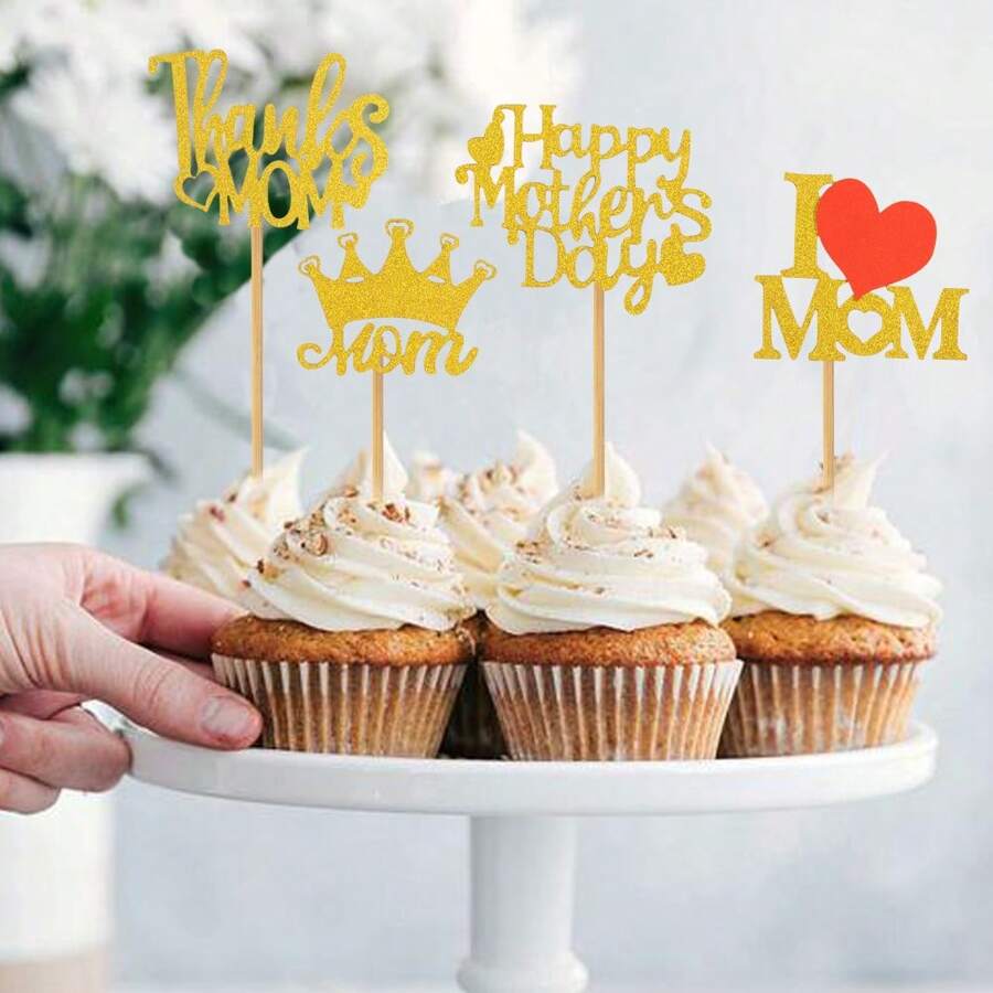 12pcs Paper Heart Shaped Mother's Day Cake Toppers, Ideal For Baking Decorations