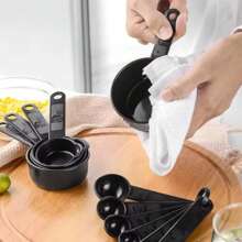 10 件套黑色塑料量杯和量勺套装，可用洗碗机清洗，适用于干性和液体成分的厨房工具 - 黑色 - 查看 4