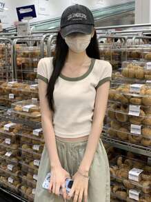 女士方领拼色修身休闲短袖 T 恤上衣，夏季 - 杏色 - 查看 9