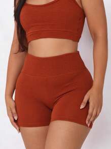 Women's Ribbed Gym Fitness Shorts - Rust Brown - View 3