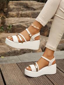 女士大码时尚编织带搭扣露趾休闲防滑厚底坡跟凉鞋，舒适百搭，适合夏季搭配裤装和裙装，旅行必备 - 白色 - 查看 6