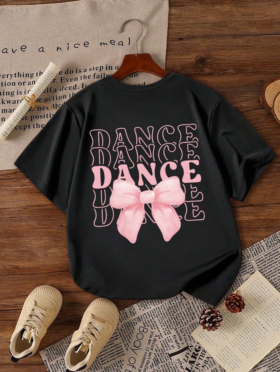 女童蝴蝶结标语印花圆领短袖T恤，春夏休闲T恤