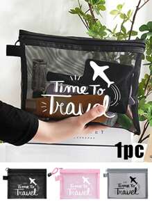 Bolsa de maquillaje con estampado de patrón de letra "Time to Travel", bolsa de almacenamiento para maquillaje y esponja de cojín, bolsa organizadora transparente, neceser de viaje, estilo de vacaciones hawaianas, bolsa de aseo, bolsas de embalaje, para vacaciones, playa, baño, dormitorio, gran capacidad