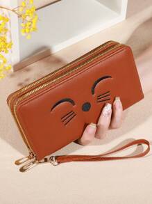 可爱猫咪印花钱包 女式仿皮 带卡槽和拉链口袋 双拉链卡包 钱包 钱夹 长款钱包 钱包 腕包 - 彩色 - 查看 18