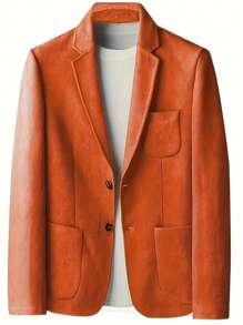 Mens Blazer Suede Jacket Casual 2 Buttons Sport Coat Faux Leather Suit Slim Fit Jacket With Lapel Collar Long Sleeves, Stylish For Business Or Leisure Occasions - 橘色 - 查看 2