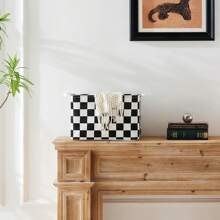 Black And White Checkered Canvas Basket, Rectangular Organizing Decorative Storage Basket For Kids, Dog Toy, Classic Checkered Room Decor For Home, Kitchen, Bedroom, Classroom, Shelves,For Back To School
