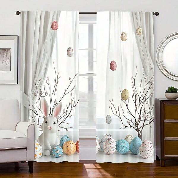 2 pezzi Pannello tenda con stampa digitale di foglie pasquali, uova e conigli, in tessuto di poliestere semi-trasparente, con asole per asta, adatto per soggiorno, cucina, camera da letto, bagno, hotel, ristorante, ingresso, decorazione per la casa