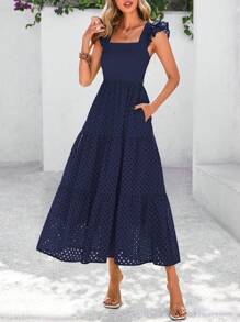 Women's Summer Square Collar Long Dress With Sleeve Cap Hole Eye Ruffles Layered A-Line Casual Vacation Long Skirt With Pockets - Màu xanh hải quân - Xem 4