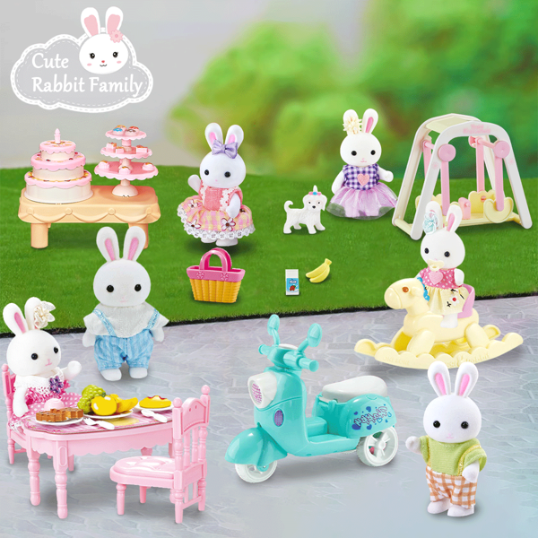 Juego de set de casa de muñecas con figuras de conejos de peluche para juego de roles, juguetes de juego de imaginación para niños, regalo de San Valentín, canasta de Pascua, regalo de cumpleaños