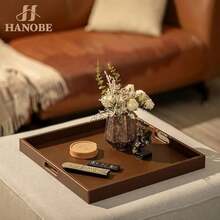 Hanobe Ottoman Serving Tray Large: 20'' Decorative Trays With Handles - Leather Coffee Table Decor For Extra Big Counter Home Living Room - Oversized - Brown1 - View 3