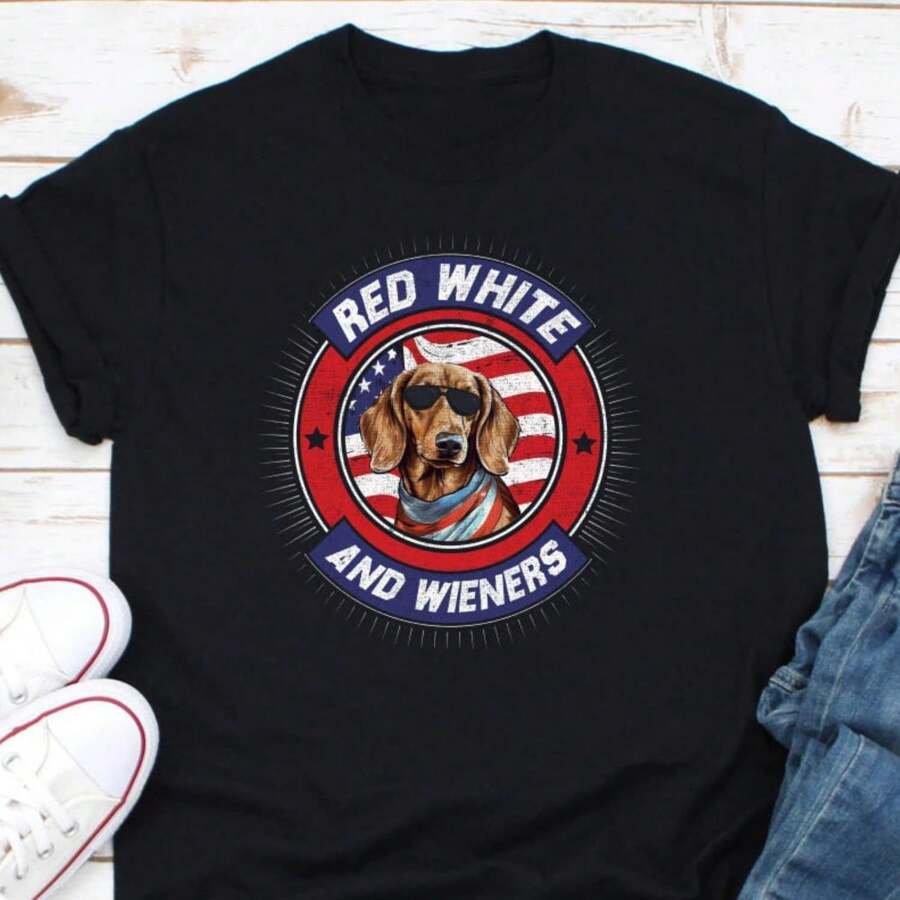 Red White And  Dachshund Shirt,  Dog Shirt, 4th Of July Dachshund Shirt, Dachshund Lover Shirt, Dog Lover Shirt, Fur Parent Gift - 黑色 - 查看 1