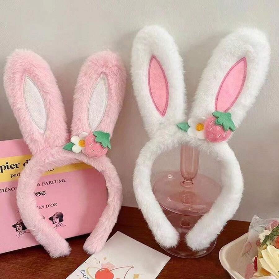 1pc Cute Strawberry Flower Rabbit Ear Headband, Plush Animal Style Decorative Hair Accessories, Party Hair Accessories, Suitable For Women Easter Celebration And Theme Events, Ideal Easter Gift And Daily Wear