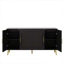 59.84" Vintage Four-Door Cabinet, Plastic Rattan, Suitable For Living Room, Dining Room, Bedroom(Black)