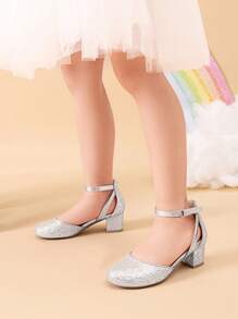 Girls Dress Shoes Closed Toe High Heels Ankle Strap Toddler Little Big Kid Wedding Flower Party Pump - 銀色 - 查看 2