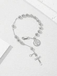 1pc 925 Sterling Silver Antioxidant Real Platinum Plated, Monobloc Carved Priest Cross Jesus Prayer Beads Bracelet, Comes With Deluxe Gift Box And Bag, Suitable For Mother's/Valentine's Day, Couples, Friends, Believers, First Holy , Everyday & Festival Wear, Prayer - White - View 4