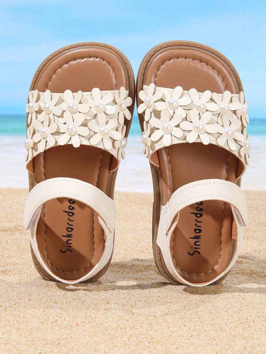 夏季女童时尚平底凉鞋优雅小花软底儿童公主鞋沙滩凉鞋带珍珠装饰适合日常逛街。开学季凉鞋特价 - 米色 - 查看 1