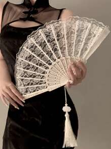 1/2pcs Elegant Retro Chinese Style Black & White Lace Folding Hand Fan, Hanfu/Cheongsam Accessories, Retro Tassel Photography Props For Party & Ball, Perfect For Summer Fan (Without Tassel At Bottom) - Multicolor - View 2