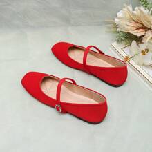 Women's French Style Mary Jane Flats, Square Toe Casual Spring Loafers, Red Color - Chinese Red - View 5