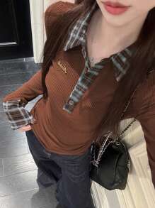 女士二合一格子拼接 Polo 领长袖拉绒修身打底衬衫