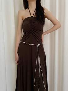 1pc Beige Women's Polyester Bohemian Style Shell & Wooden Bead Woven Belt - Beige - View 2