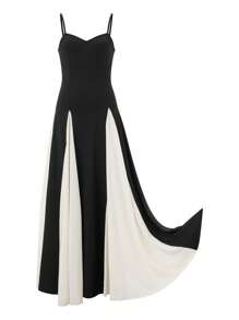 Women Spaghetti Strap Dress Contrast Color Flowy Hem Sweetheart Neck Sleeveless Backless Cami Long Dresses - 黑色 - 查看 7