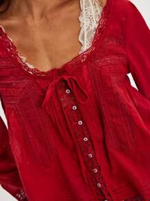 Women Y2k Bow Tie Front Top Y2k Coquette Long Sleeve Lace Trim Button Up Chiffon Blouses Cardigan Loose Fit Flowy Boho Peplum Shirt Going Out Tops Summer Beach Vacation Clothes 100% Cotton Casual Streetwear - 紅色 - 查看 3