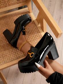 Thick Sole Loafers Women Platform Chunky Heel Shoes Soft Leather Black Deep Mouth High Heel Small Leather Shoes Chunky Heel High Heel Commuting Work Slip-On Loafers Deep Mouth Chunky Heel Shoes Women Mid-Heel Women Shoes High Heel Patent Leather