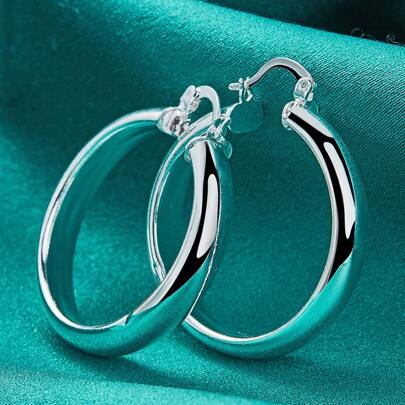925 Silver Plated Round Smooth Ring Earrings Ear Loops For Women Fashion Charm Wedding Engagement Jewelry