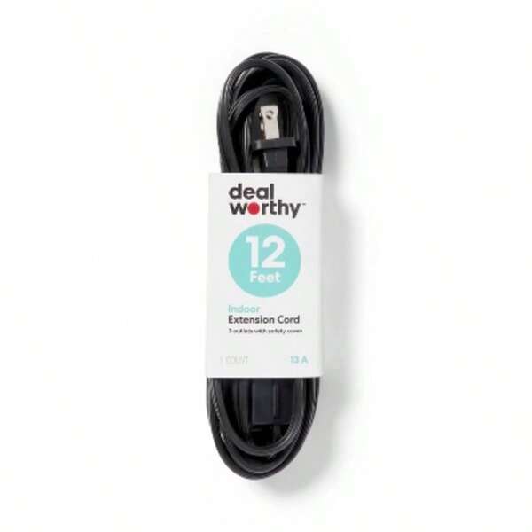 12' 3 Outlet Indoor Extension Cord Black - Dealworthy™: 16 AWG, 13 Amps, 12ft Length, 1 Year Warranty