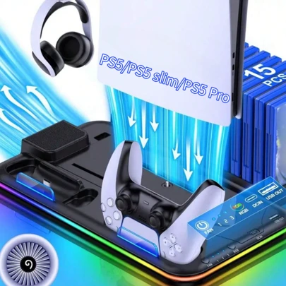 Stand Cooling Fan For Playstation5/Playstation5 Slim/Playstation5 Pro, With Dual Controller Charger Station For Playstation5 Console-Digital & Playstation5 Disc Verdion With Headset Holder, RGB Lights