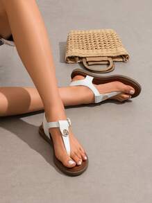 Women T-Strap Flat Thong Sandals Roman Gladiator Flip Flop Sandals Casual Summer Beach Dressy Shoes With Adjustable Back Ankle Strap - 白色 - 查看 1