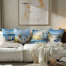4pcs 17.7*17.7in (45*45cm) White Lifesaver, Chaise Lounge, Balloon, Lighthouse, Bicycle Printed Polyester Pillow Case [Single-Sided Print][Pillow Insert Not Included] Home Couch Bed Headrest Cushion Cover, Suitable For Daily Use, Home Decor, Living Room, Bedroom, Car