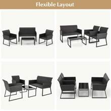 GOFLAME  4 Pcs Wicker Patio Furniture Set Outdoor Conversation Set W/Tempered Glass Table - Black - View 4