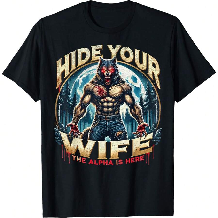 Retro Hide Your Wife The Alpha Is Here Funny Wolf Meme Men T-Shirt Oversized Short Sleeve Classic Heavy Cotton T Shirt Printed Graphic Tee Women's Casual Short-Sleeved Top - 設計6 - 查看 1