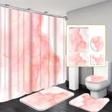 4pcs Pink Gold Patterned Marble Curtain Shower Curtain Decoration, Beautiful Housewarming Gift Modern Home Decoration, Waterproof Shower Curtain And Toilet Floor Mat Three Pieces Set With 12 Shower Curtain Hooks Room Decor Bathroom Accessories Back To School Fall Decor Bathroom Decor